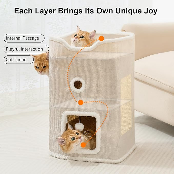 Cat House, Cat Beds for Indoor Cats, 2-Story Cat Condo Cube | Cat Bed Cave with Scratch Pad and Fluffy Ball Hanging, Multi-Level Cozy Hideout Center Ideal for Small/Medium Cats - Image 2