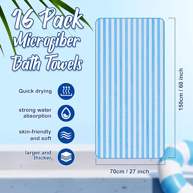SmoothNovelty 16 Pack Microfiber Bath Towels Bulk 27'' x 60'' Oversized Size Bath Towel Highly Absorbent Extra Large Soft Drying for Beach Shower Summer Salon Sport Gym Party (Stripes,Light Blue) - Image 2