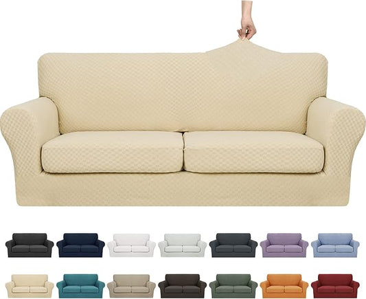 YEMYHOM Latest Checkered 3 Pieces Couch Covers for 2 Cushion Couch High Stretch Sofa Cover with 2 Extra Large Seat Cushion Covers Anti Slip Elastic Slipcovers (Beige), 71"-91"(2 Cushions) by YEMYHOM