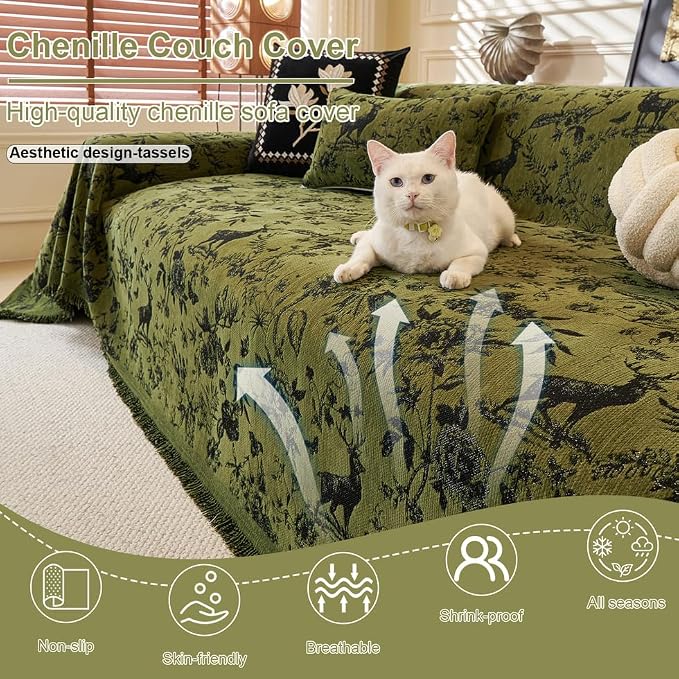 ROOMLIFE Green Sofa Cover, Vintage Boho Couch Cover for 3 Cushion Sofa, Non Slip Soft Chenille Sofa Slipcovers for Dog, Washable Furniture Sofa Protector Cover with Tassel for Living Room, 71''X118” - Image 2