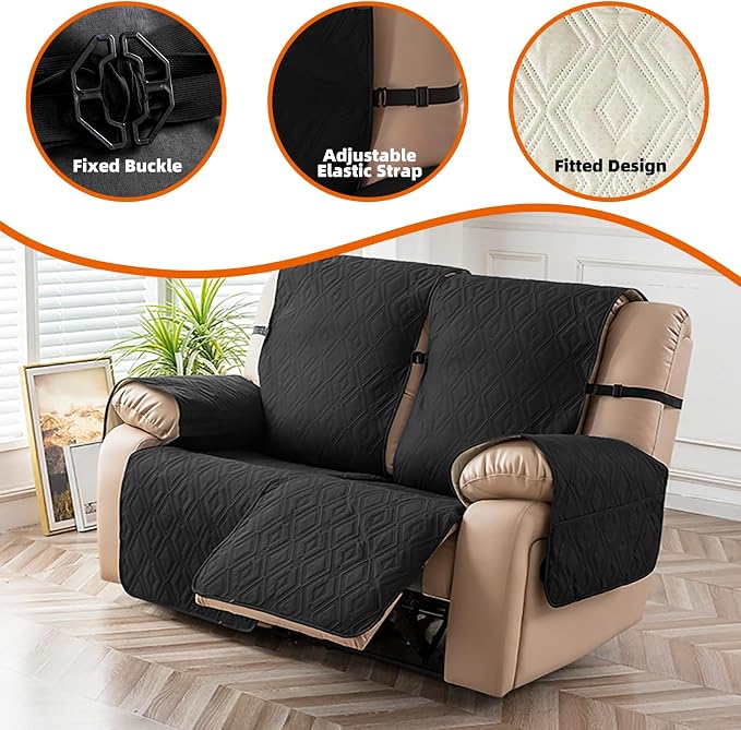 Genina Black Waterproof Loveseat Recliner Cover, Non-Slip, Sofa Cover for Reclining Couch 2 Seat, Washable Couch Cover Loveseat Furniture Protector Cover for Pets Dogs Kids - Image 7
