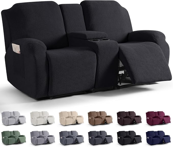 KinCam Loveseat Recliner Covers with Middle Console Slipcover, Black | Stretch Recliner Sofa Covers for 2 Seat Couch Cover, Jacquard Furniture Protector Covers with Elastic Bottom for Kids, Pets by KinCam