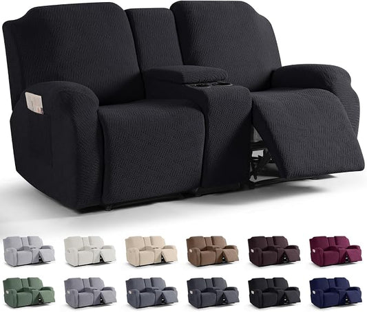KinCam Loveseat Recliner Covers with Middle Console Slipcover, Black | Stretch Recliner Sofa Covers for 2 Seat Couch Cover, Jacquard Furniture Protector Covers with Elastic Bottom for Kids, Pets by KinCam