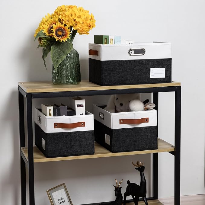PRANDOM Larger Foldable Storage Bins with Handles [5-Pack] Fabric Collapsible Storage Boxes Baskets Cubes Containers with Handles for Closet Living Room Bedroom (Black & White 17.3x12.2x10.4'') - Image 2