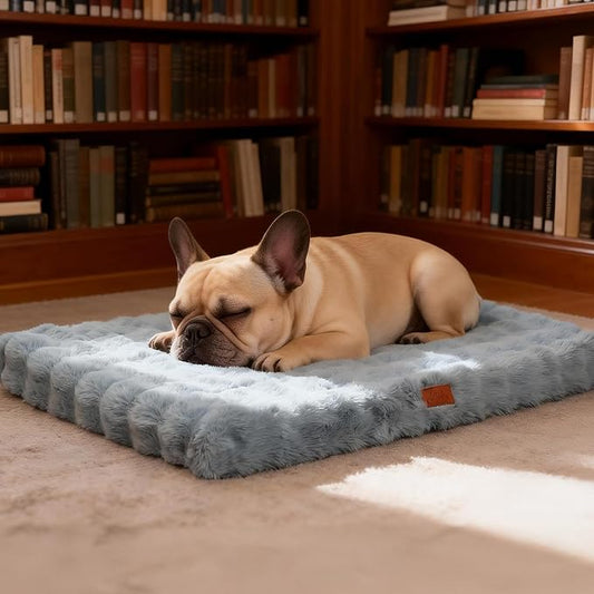 Orthopedic Dog Beds for Small Dogs, Fluffy Faux Rabbit Fur Pet Bed with Removable Washable Cover, Dog Bed Mat with Egg Crate Foam & Waterproof Lining, Anti Slip Bottom, Blue-Grey,23"x18"x3" by VhenWhen