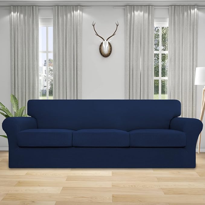 Easy-Going 4 Pieces Stretch Couch Cover Oversized Sofa Cover for Dogs Washable Sofa Slipcover for 3 Separate Cushion Couch Spandex Elastic Furniture Protector for Pets, Kids (Navy, Oversized Sofa) - Image 2