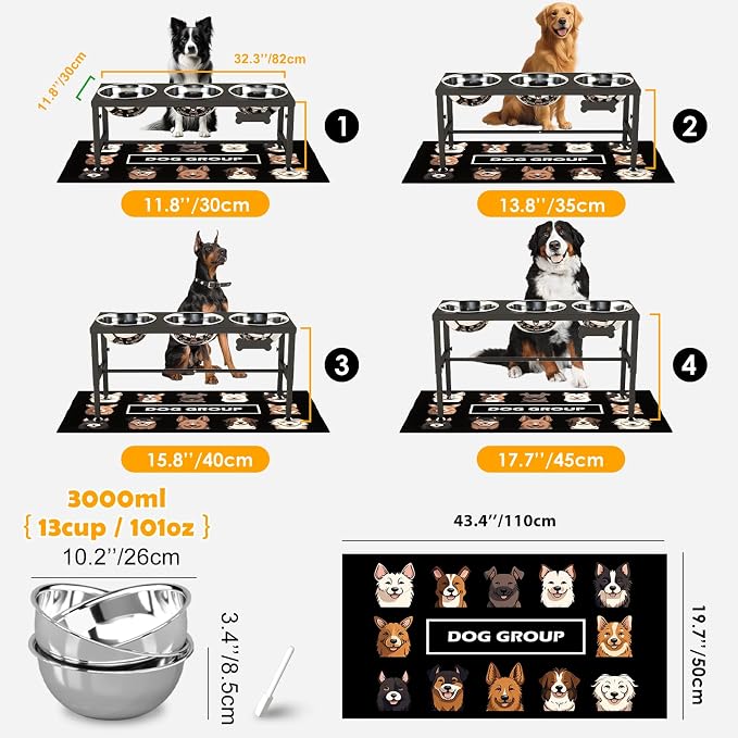 Extra Large Elevated Dog Bowls, 4 Adjustable Height with Three 101oz/3000ml Large Stainless Steel Bowls and Splash pad, Raised Dog Bowl Stand for Large and Extra Large Breeds - Image 4