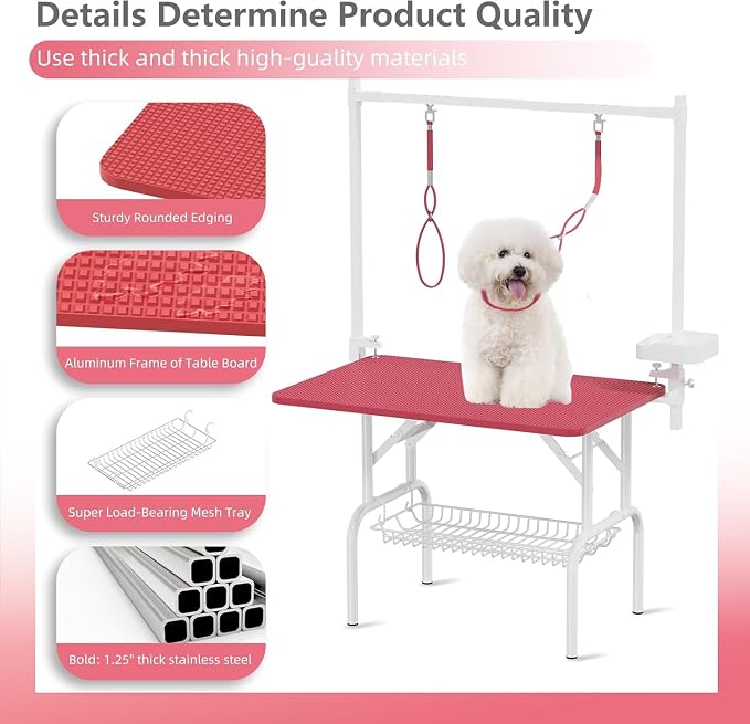 Professional Dog Pet Grooming Table Adjustable Heavy Duty Portable w/Arm & Noose & Mesh Tray (Pink, 46") - Image 2