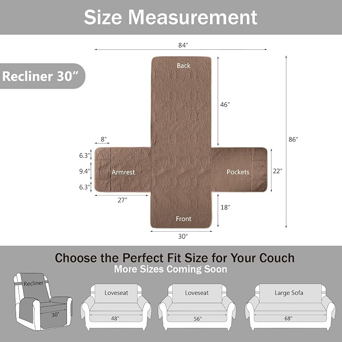 Toffee Quilted Recliner Covers, Camel Large Recliner Chair Covers, Lazy Boy Chair Covers, Pet Friendly Recliner Slipcover for Dogs, Washable Furniture Protector (Recliner 30", Raw Umber) - Image 7