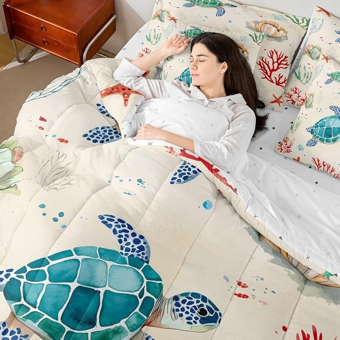 Erosebridal Cartoon Sea Turtle King Size 7-Piece Bedding Set for Kids, Ocean Life Tortoise Comforter Set with Sheets, Underwater World Sea Animal Bed in A Bag, Seashell Bedding Comforter Sets - Image 7
