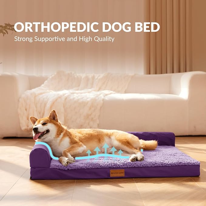 Patas Lague Orthopedic Large Dog Bed Pet Sofa Beds 36''X24'' Purple | L Bolster Egg-Crate Foam Dog Couch For Large Sized Dogs, Waterproof Removable Washable Cover, Pet Mat with Nonskid Bottom - Image 3