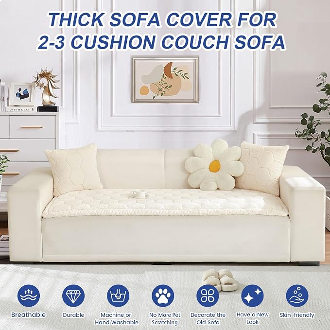 GKXLH New Thick Sofa Cover Washable - Soft Flannel Universal Sofa Covers 2 3 4 Seater, Non-Slip Couch Cover, Couch Seat Covers Sofa Slipcovers Furniture Protector for Living Room (Beige White, 70x180) - Image 4