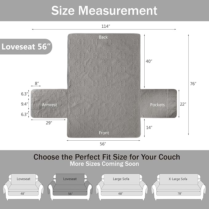 Gray Loveseat Covers 2 Cushion Couch, Water-Repellent Sofa Slipcover for Couch, Machine Washable Love Seat Quilted Couch Covers, Pet Friendly Loveseat Slipcovers (Loveseat 56", Cool Gray) - Image 7