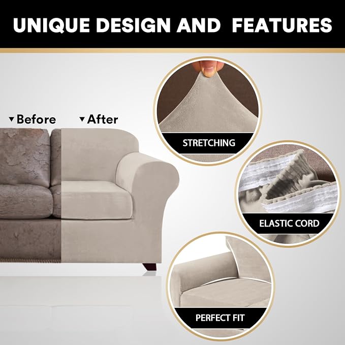 PrinceDeco Couch Cover Velvet Plush Sofa Covers for 2 Cushion Couch Width Up to 90 Inch Washable Furniture Protector Pet Friendly No Slip Sofa Slipcover(Medium-Large, French Oak) - Image 3