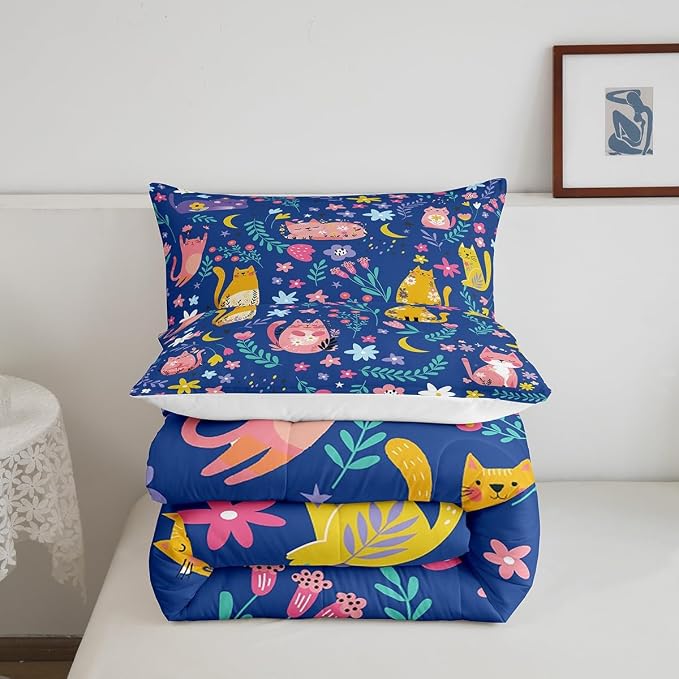 Feelyou Kids Funny Cats Bedding Set Girls Cute Flower Cartoon Kitty Kitten Comforter Set Full Size Animal Theme Duvet Insert Girly Kawaii Room Blue Decor - Image 3