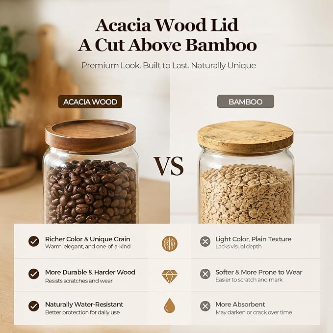 ComSaf Glass Jar with Acacia Wood Lid 34oz 1Pack, Food Storage Container | 1.1Qt Canister, Oats Coffee Sugar Pasta Candy Cookies Nut, Kitchen Pantry, Decorative, Countertop Display, Food-Grade, Label - Image 2