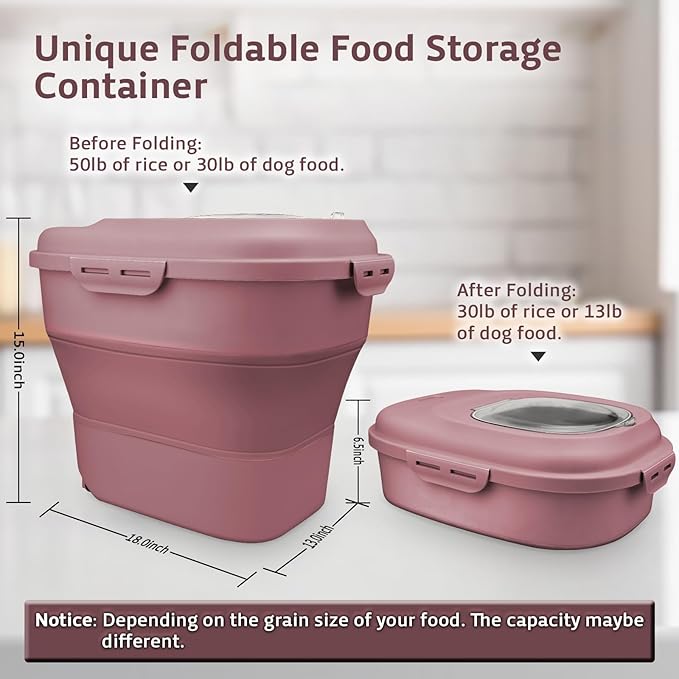 Komzon Rice Storage Bin Cereal Containers, 13-50lb Collapsible Rice Container Dispenser with Transparent Lid, Rolling Wheels, Measuring Cup and Scoop, Airtight Dog Cat Pet Food Storage Container Pink - Image 5