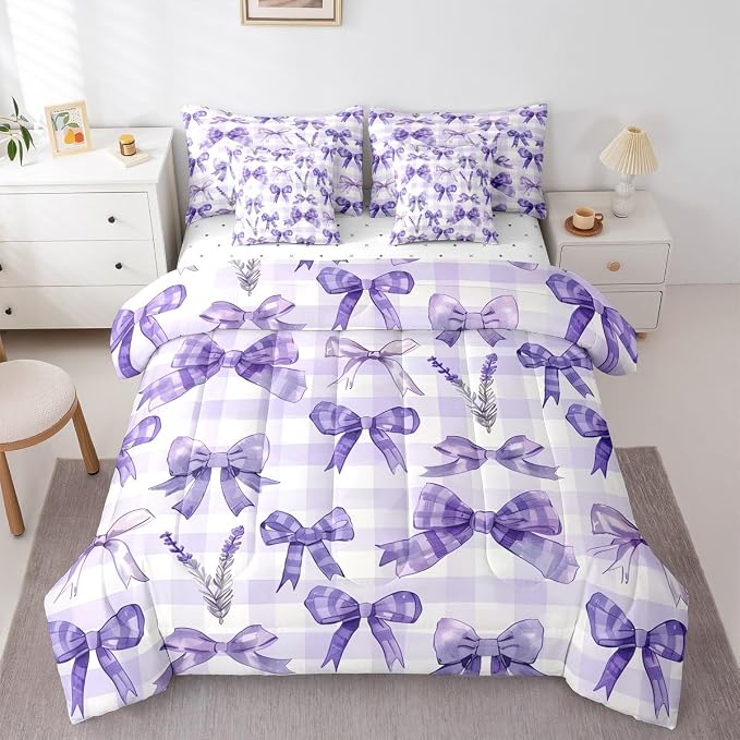 Feelyou Purple Bowknot 7 Piece Bedding Set Lavender Flower Comforter Set with Sheets for Kids Boys Girls Purple Stripe Bed in a Bag Princess Theme Bed Set Soft Lightweight by Feelyou