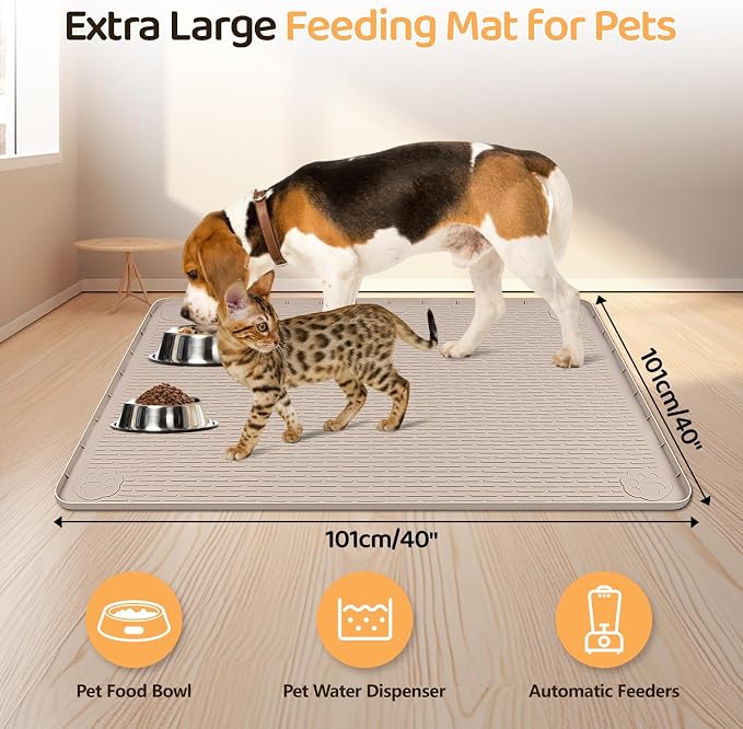 Dog Food Mat 40''x40'' Extra Large Dog Mat for Food and Water,Khaki | Silicone Dog Bowl Mat with Raised Edge, Waterproof Non-Slip Pet Feeding Mat for Floors, fit for Dog Cat Bowls - Image 2