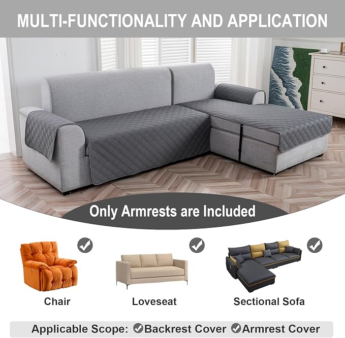 Genina Sofa Armrest Cover, Anti-Slip Armchair Slipcovers for Dogs Cats Pet, Water Resistant Couch Arm Cover for Backrest Recliner Loveseat, L Shaped Sofa, 23.6 x 27.5 Inches（2 Pieces） - Image 4