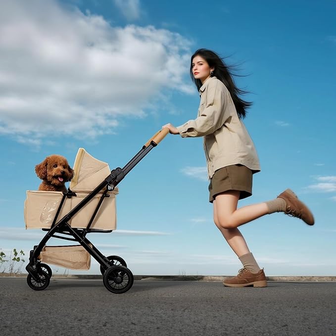 Foldable Dog Stroller Portable Compact Pet Stroller for Small/Medium Dogs & Cats Up to 35lbs One Click Folding Large Cat Carriage with Adjustable Canopy Storage Basket - Khaki