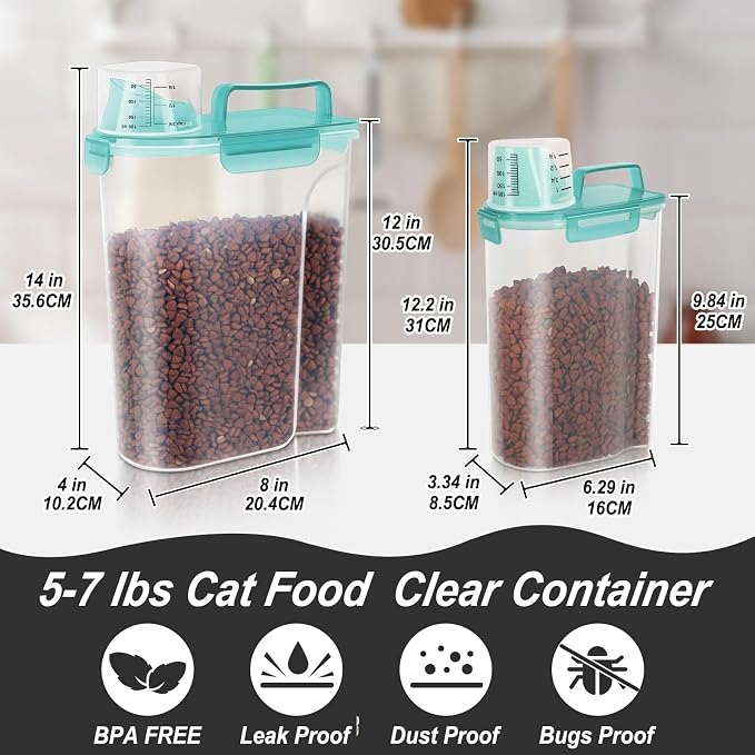 LEAWALK 2Pack Cat Dog Food Storage Container with Upgraded Large Nozzle BPA-free, 3+5lbs Plastic Pet Food Containers with 4 Sealed Clasps/1 Measuring Cup/ Handle Easy to Clean and Carry (Clear Blue) - Image 3
