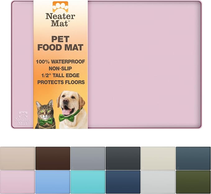 Neater Pet Brands Neater Mat Pet Mats for Food and Water, Cat & Dog Bowl Mat Waterproof Silicone, Feeding Tray, Dog Food Mats for Floors, Placemat w/Raised Edge for Under Bowls, 16” x 10”, Light Pink by NeaterPetBrands
