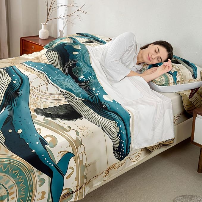 Erosebridal Ocean Whale Sheet Set Kids Boys Girls Nautical Bedding Children Coastal Sea Animal Bed Sheet Set,Soft Home Cozy Microfiber Bed Set-4pcs (1 Fitted +1 Flat+2 Pillowcases),Full,Teal Brown - Image 6