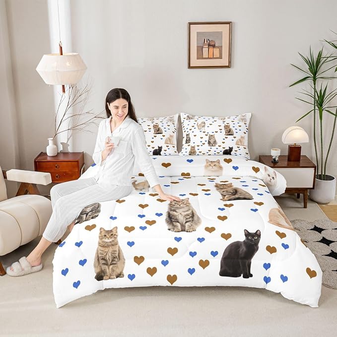 Feelyou Cats Comforter for Women Kids Cute Cat Kawaii Bedding Bed Set Print Animals Comforter Set Child Pet Kitten Lover Hearts Quilt Collection 2Pcs Twin Size Boys - Image 5