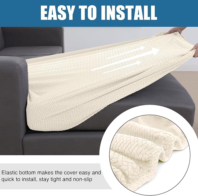 Smiry Waterproof Couch Cushion Covers, L Shape Sectional Couch Covers | Stretch Jacquard Chaise Lounge Sofa Slipcover, Washable Elastic Furniture Protector for Pets, Chaise XL, Biege - Image 4