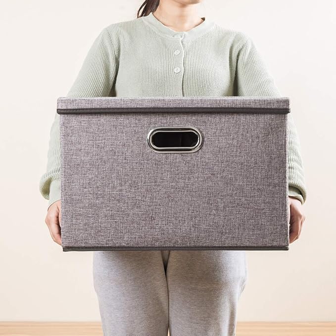 PRANDOM Large Foldable Storage Bin with Lid [1-Pack] Linen Fabric Decorative Storage Box Organizer Containers Basket Cube with Handles Divider for Bedroom Closet Office Living Room (17.7x11.8x11.8) - Image 3