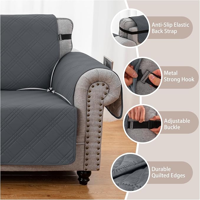 100% Waterproof Couch Cover for Dogs, Anti-Slip Washable Sofa Cover with Elastic Straps & Side Pockets, Durable Furniture Protector for Kids & Pets (Loveseat 46", Gray) - Image 5