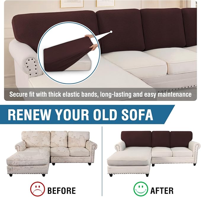 H.VERSAILTEX Backrest Cushion Covers Sectional Couch Back Cushion Covers for Sectional Sofa Set for Both Left/Right Couch (Back Only: 1 Chaise + 2 Sofa, Chocolate) - Image 5