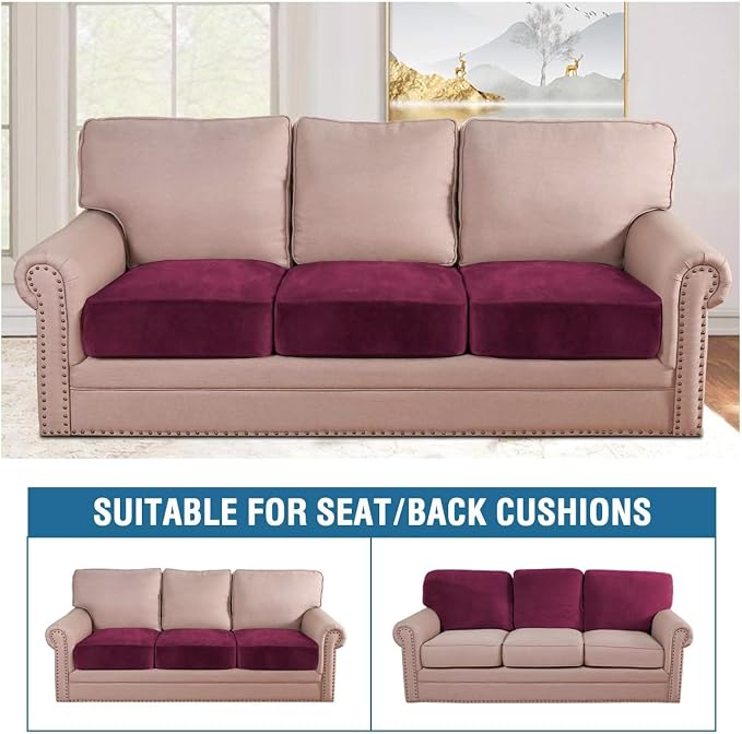 H.VERSAILTEX Velvet Stretch Couch Cushion Cover Plush Cushion Slipcover for Chair Loveseat Sofa Cushion Furniture Protector Seat Cushion Sofa Cover (3 Piece XL Sofa Cushion Covers, Burgundy) - Image 3