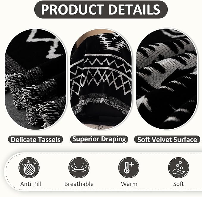 VClife Boho Couch Cover Chenille Sofa Cover for Sectional Sofa, Non Slip Couch Covers for 3 Seater Sofa Pet Friendly Sofa Protector with Tassel, Tribal Pattern Couch Slipcover, Black, 71"X134" - Image 3