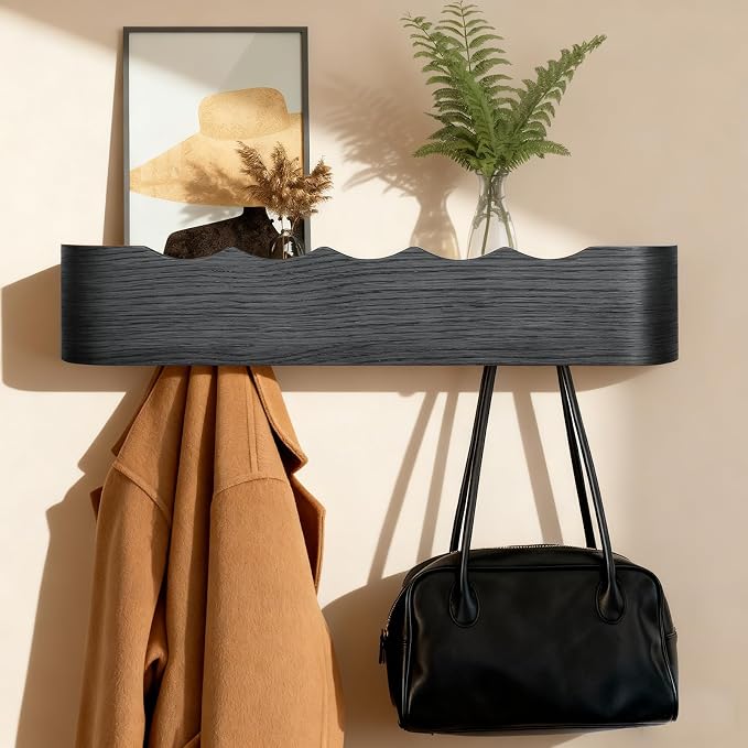 Coat Rack Wall Mount with Shelf Entryway Shelf Modern Key Holder Hanger Wall Shelves with Hidden Hooks for Hanging Towels Coats Hats Bags for Hallway Bathroom Bedroom (Wavy Black, 5 Hooks) by FURNAWAY