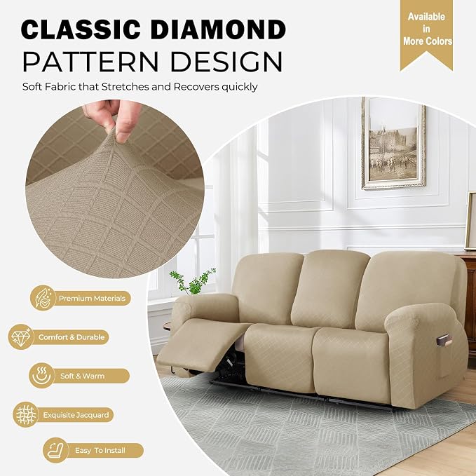 vctops Diamond Recliner Sofa Covers 8-Pieces Stretch Large Couch Covers for 3 Seats Reclining Slipcovers Soft Solid Furniture Protector (Light Coffee,3 Seat) - Image 3