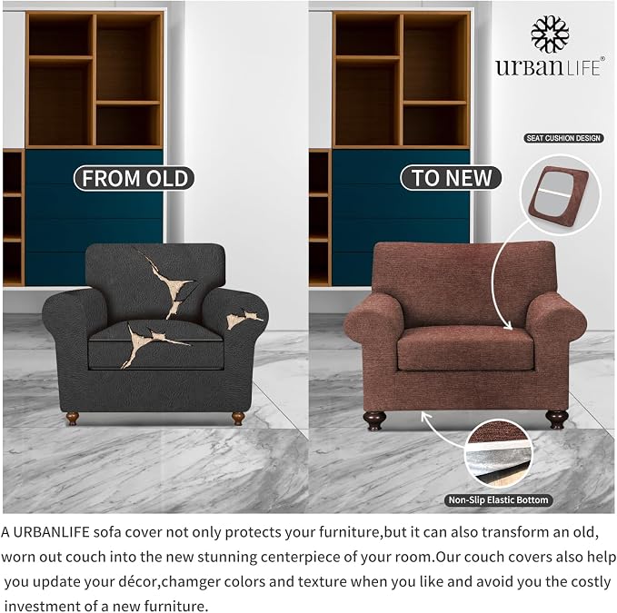 URBANLIFE 2-Piece Stretch Sofa Covers for 1 Cushion Couch, Chocolate | Super fitted spandex slipcovers for couches. Non-slip elastic bottom. Machine washable furniture protector for kids & pets. - Image 5