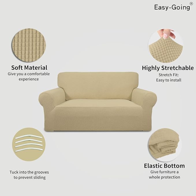 Easy-Going Stretch Loveseat Couch Covers Washable Beige | 1-Piece Loveseat Covers for 2 Cushion Couch Furniture Protector RV Sofa Slipcover Soft with Bottom for Kids Pets - Image 3