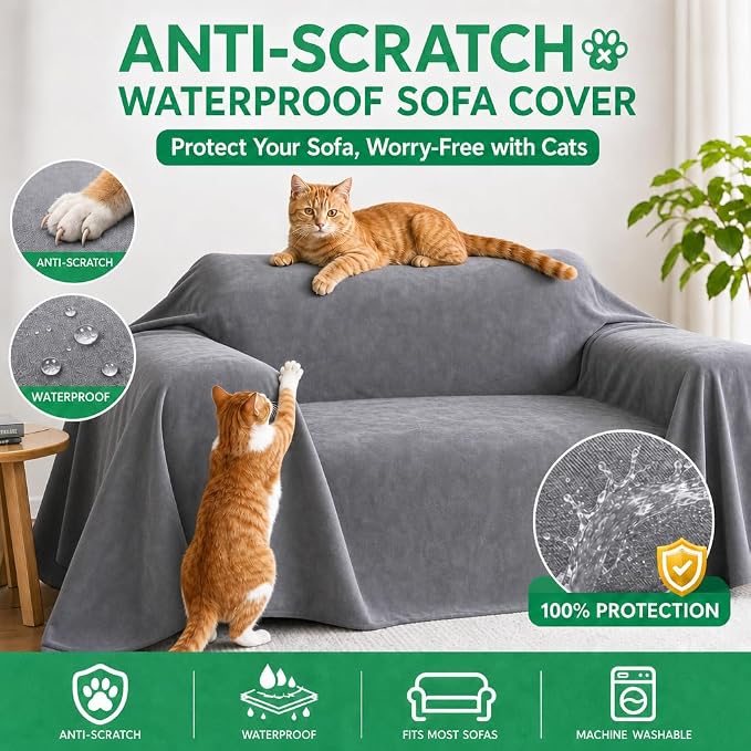 Loiion Cat Scratch Furniture Protector - Anti-Slip, Waterproof Sofa Cover to Keep Cats Off, Pet-Friendly Couch Protectors for Sofa, Gray Anti-Scratch Couch Cover for Pets and Kids 102"X71" - Image 2