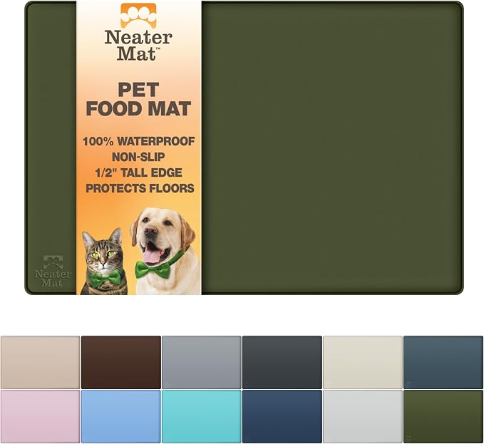 Neater Pet Brands Neater Mat Pet Mats for Food and Water, Cat & Dog Bowl Mat Waterproof Silicone, Feeding Tray, Dog Food Mats for Floors, Placemat w/Raised Edge for Under Bowls, 24" x 16", Olive by NeaterPetBrands