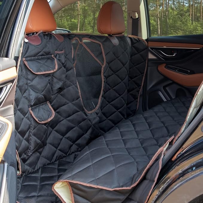 XXL (63”Wx94”L) Brown Trim with Mesh Window Back Seat Cover for Cars, Trucks & SUVs - Heavy Duty, Washable + Pet Travel Bowl - Image 2