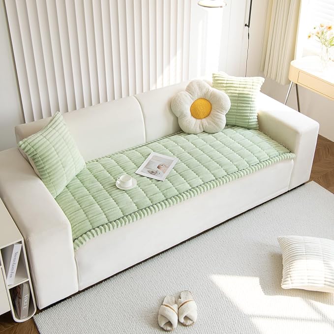 vctops Striped Couch Cover Super Soft Corduroy Sectional Sofa Cover Washable Non Slip Sofa Slipcover Furniture Protector for Kid Dog Pet,1 Piece (Green,31"x82") - Image 4