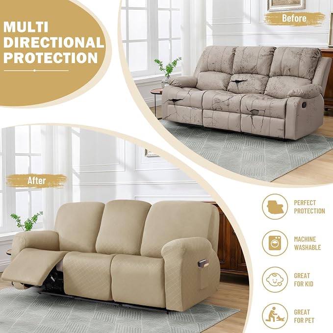 vctops Diamond Recliner Sofa Covers 8-Pieces Stretch Large Couch Covers for 3 Seats Reclining Slipcovers Soft Solid Furniture Protector (Light Coffee,3 Seat) - Image 5