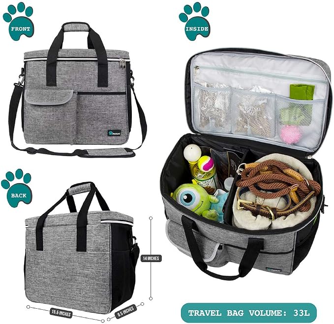 PetAmi Dog Travel Bag Organizer, Pet Travel Kit with 2 Food Containers & 2 Collapsible Dog Bowls, Pet Supplies Tote with Luggage Sleeve, Weekend Road Trip Camping Essentials, Gray, Large - Image 2