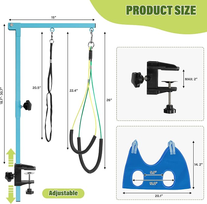 getlstub Dog Grooming Arm with Pet Grooming Hammock, 35" Pet Grooming Table Arm with Adjustable No Sit Haunch Holders, Dog Grooming Stand with Loop Noose for Small and Medium Pets, Blue - Image 6