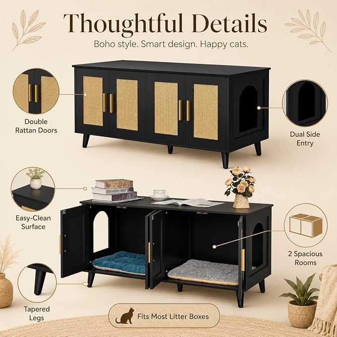 Homhedy Boho Cat Litter Box Enclosure for 2 Cats, Black and Natural | Hidden Litter Box Furniture with Double Rattan Decorated Doors, Cat Washroom, Cat House, Dog-Proof, TV Stand - Image 6