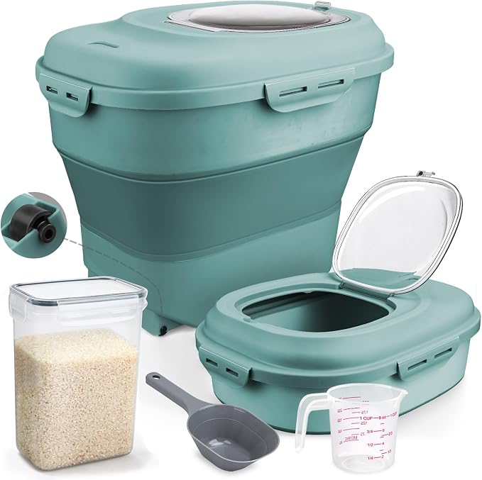 Komzon Rice Storage Bin Cereal Containers, 13-50lb Collapsible Rice Container Dispenser with Transparent Lid, Rolling Wheels, Measuring Cup and Scoop, Airtight Dog Cat Pet Food Storage Container Green by Komzon