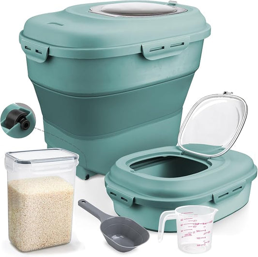 Komzon Rice Storage Bin Cereal Containers, 13-50lb Collapsible Rice Container Dispenser with Transparent Lid, Rolling Wheels, Measuring Cup and Scoop, Airtight Dog Cat Pet Food Storage Container Green by Komzon