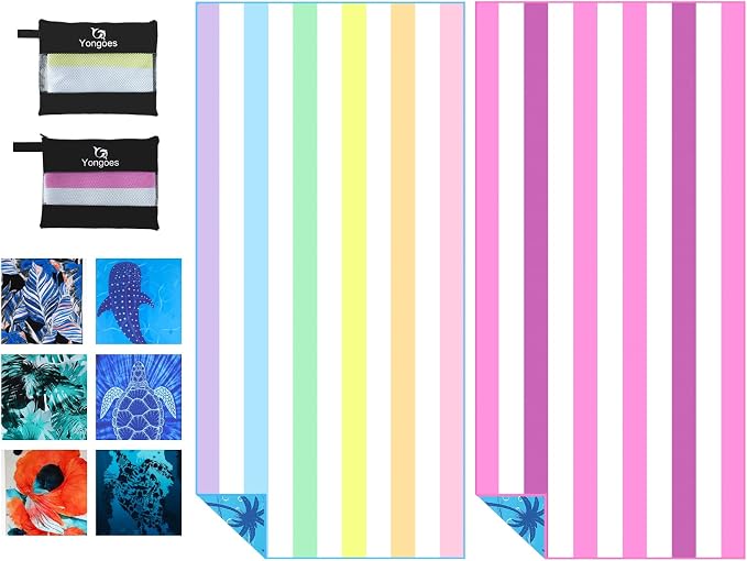 Yongoes 2 Pack Microfiber Beach Towel Oversized 71x32 Colorful Pink Striped | Thin & Lightweight, Sand Free, Super Absorbent Quick Dry Large for Pool Swim Bath Travel Vacation Accessories Essentials by Yongoesbeachtowel